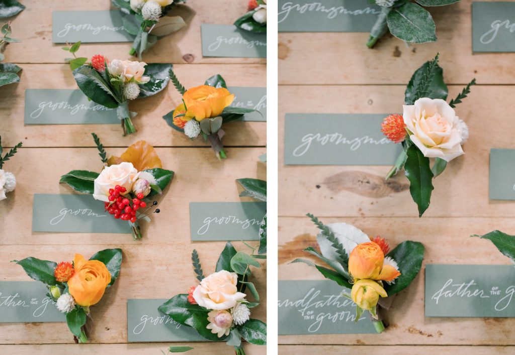 Orange, cream and berry boutonnieres 