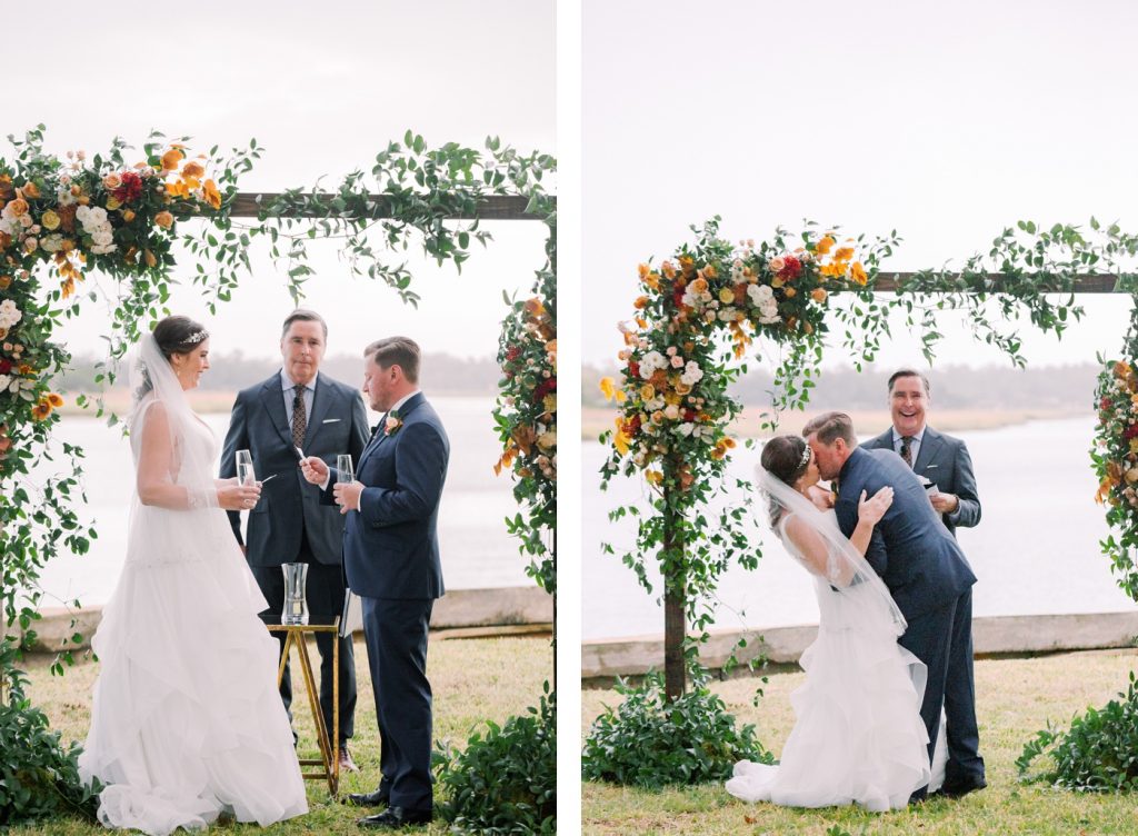 Bride and groom first kiss