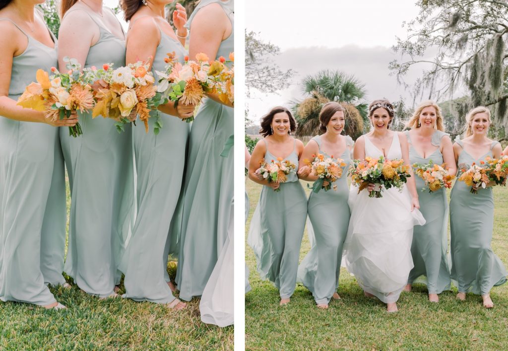 Sage bridesmaids with orange, marigold and yellow bouquet