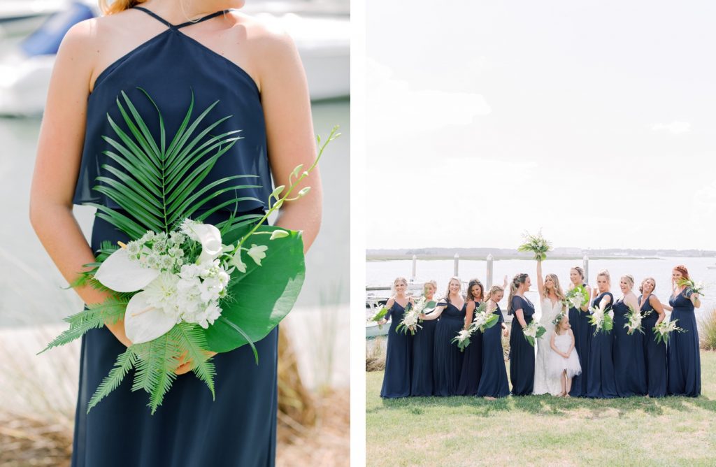 Bridesmaids bouquets with palm leaves, ferns, dahlias and ranunculus