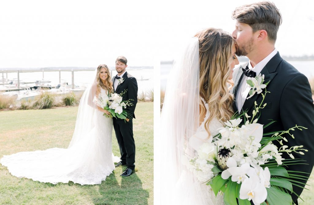 Bridal bouquet with palm leaves, orchids, anthurium and dahlias