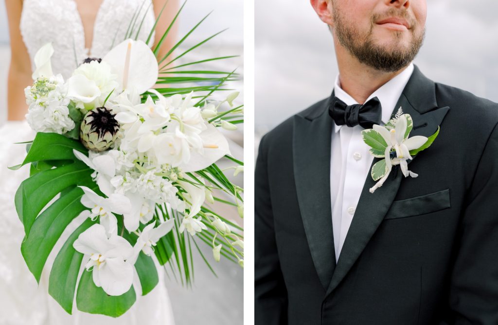 Bridal bouquet with palm leaves, orchids, anthurium and dahlias