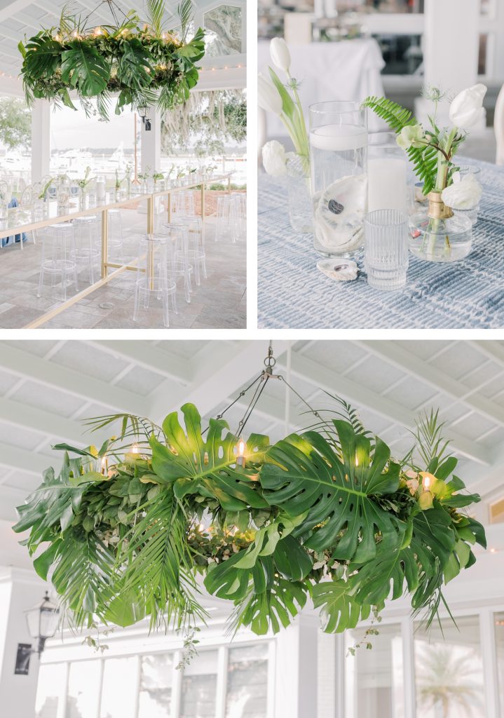Chandelier covered in palm leaves and ferns for a Savannah wedding