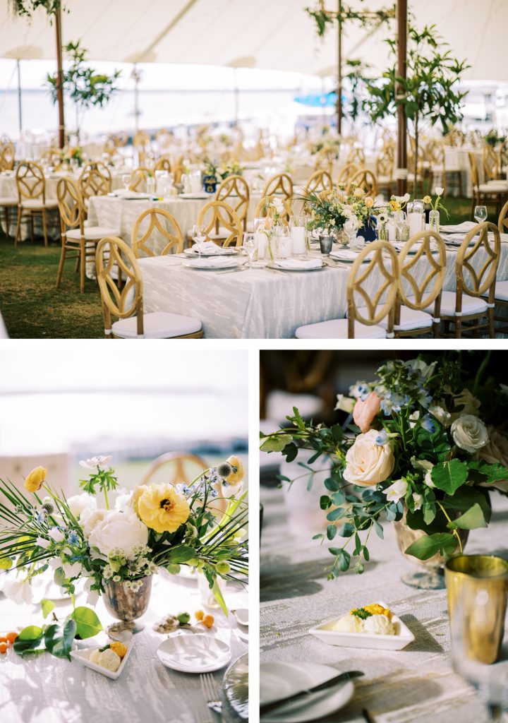 Wedding reception flowers with Panda anemones, peonies, delphinium, scabiosa, and seasonal blooms by Gray Harper Florist