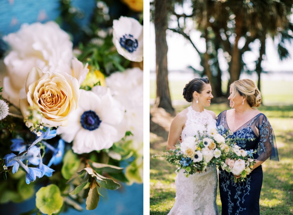 Bridal bouquet with Panda anemones, peonies, delphinium, scabiosa, and seasonal blooms by Gray Harper Florist