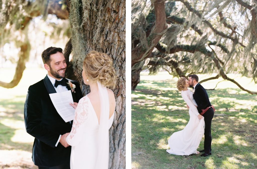 Bride and groom first look on the lawn at Jekyll Island Club