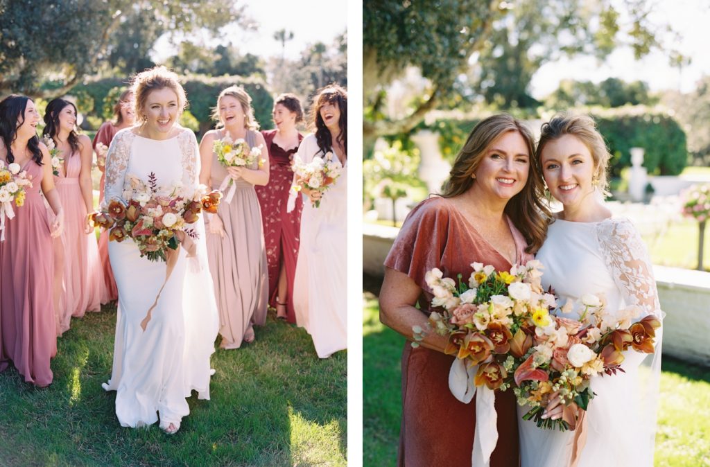 Bridesmaids in copper and blush dresses