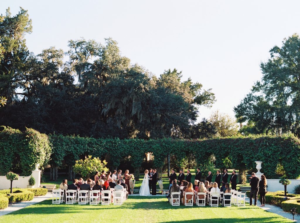 Outdoor wedding reception at the sunken garden at Jekyll Island Club