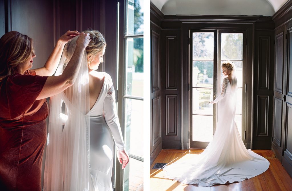 Bride in a crepe and lace gown by Pronovias