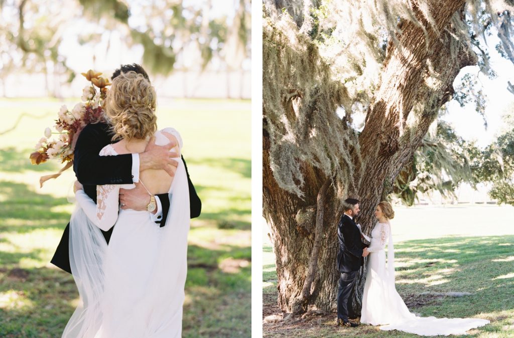 Bride and groom first look on the lawn at Jekyll Island Club