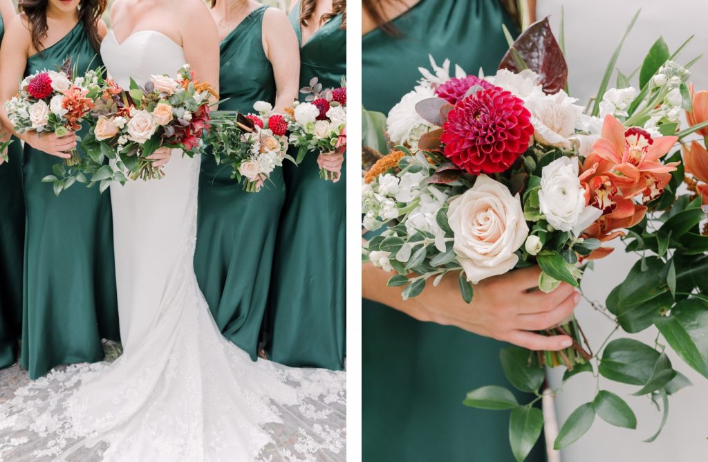 Green satin bridesmaids dresses with tropical bouquets