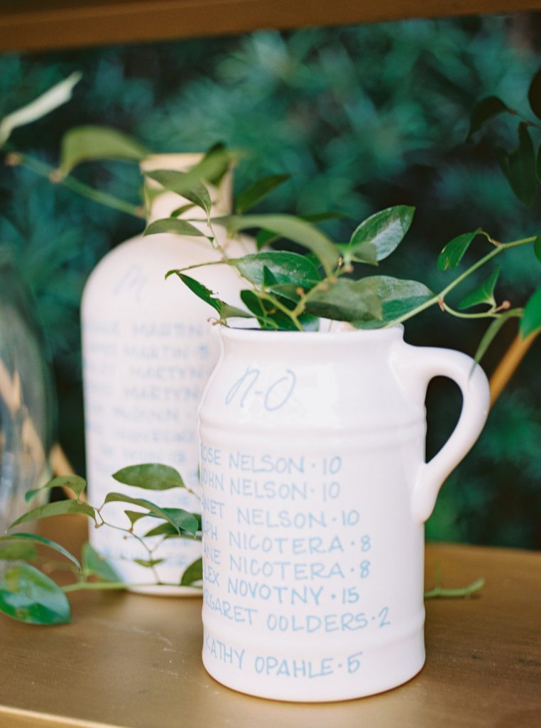 Wedding seating chart with vintage jugs