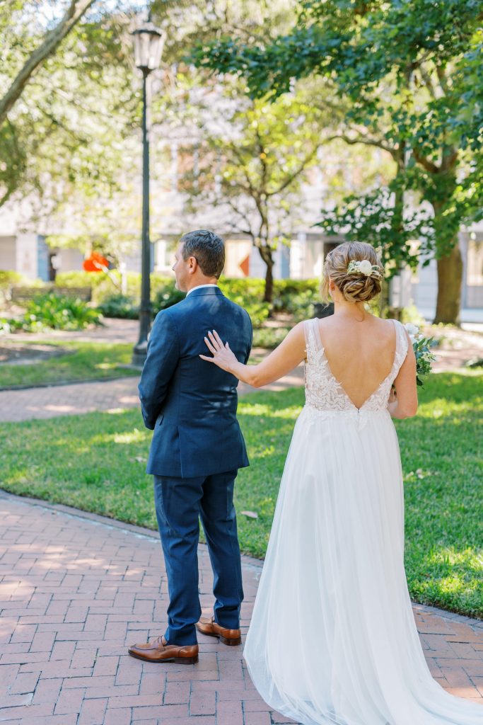 Bride and groom first look in historic Savannah district
