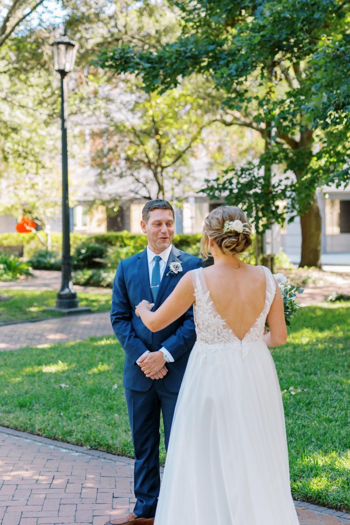 Bride and groom first look in historic Savannah district 