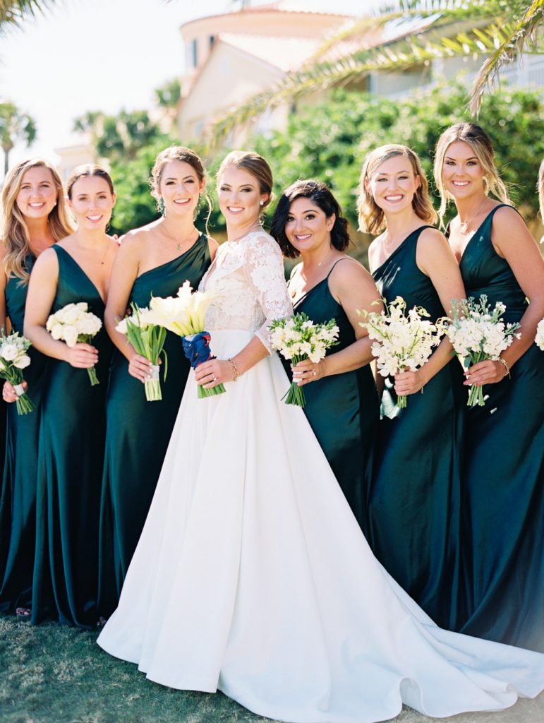 Georgia bridal party with satin green bridesmaid dresses