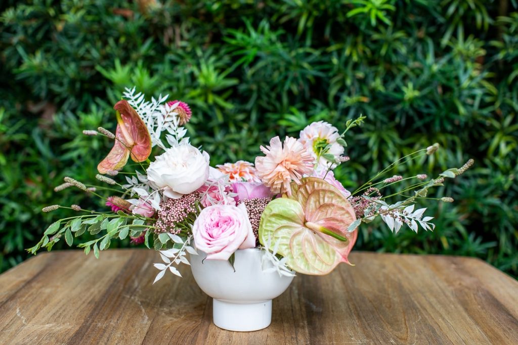 modern floral arrangement for pink modern wedding