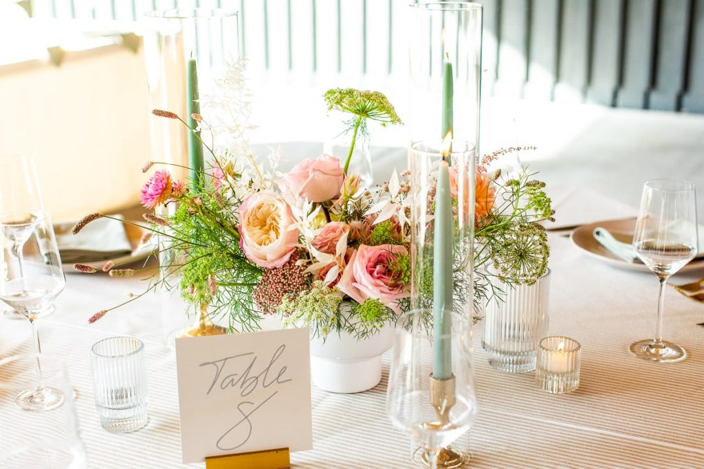 modern pink, white and sage wedding table setting