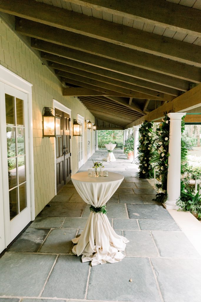 Champagne hightop tables at Sea Island wedding