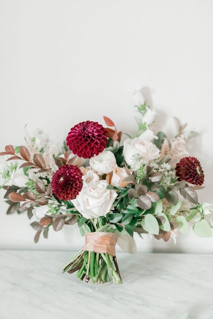 White and burgundy wedding bouquet