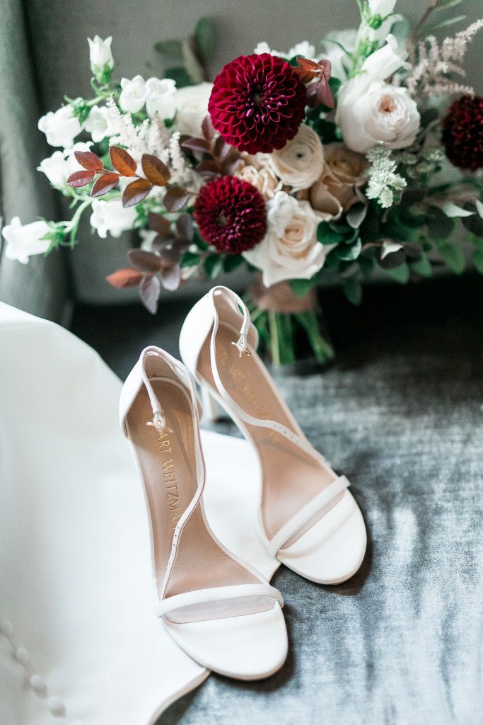 White, pink & burgundy bridal bouquet with Stuart Whizman bridal heels
