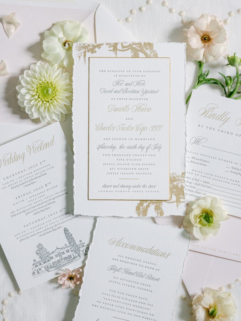 Fine art wedding invitations with gold
