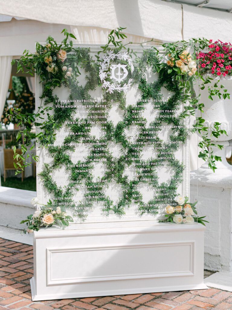 Wedding seatign chart with greenery anf acrylic sign