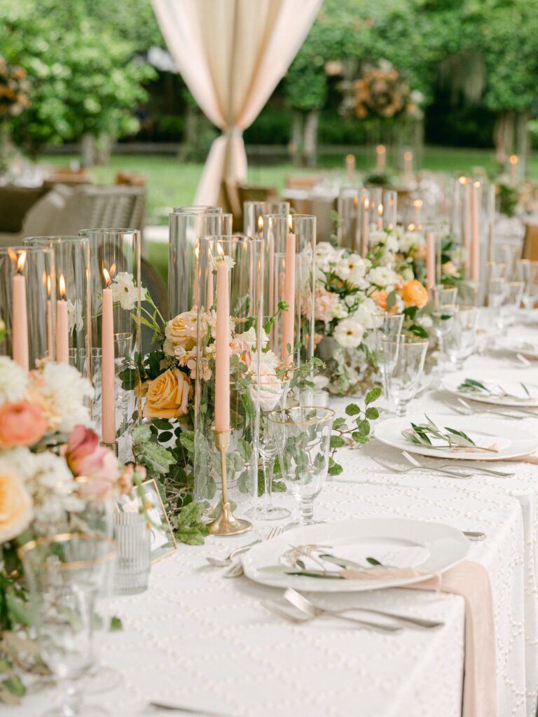Elegant wedding tablescape with blush pink flowers