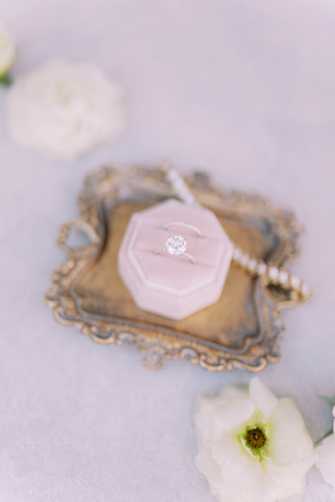 Blush pink wedding ring box & solitaire wedding ring