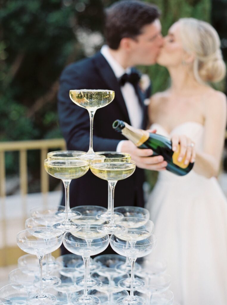 bride and groom champagne tower