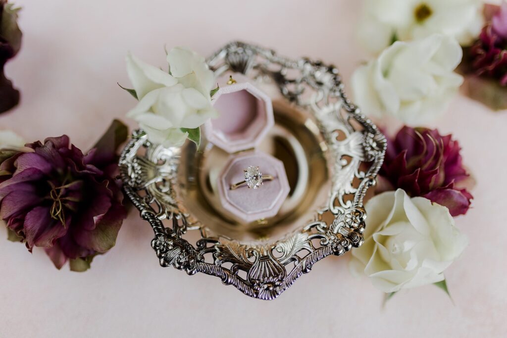 Wedding ring in velvet pink ring box