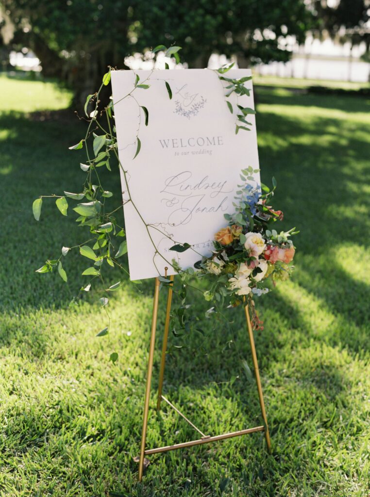 Wedding welcome sign with flowers