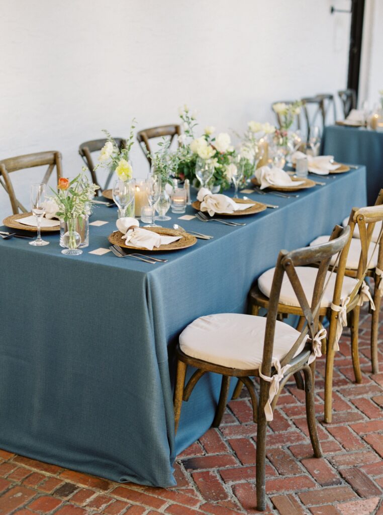 Blue wedding table with wood chairs