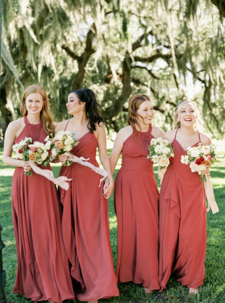 Bridesmaids in long dresses