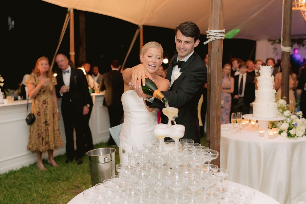 Bride and groom champagne tower