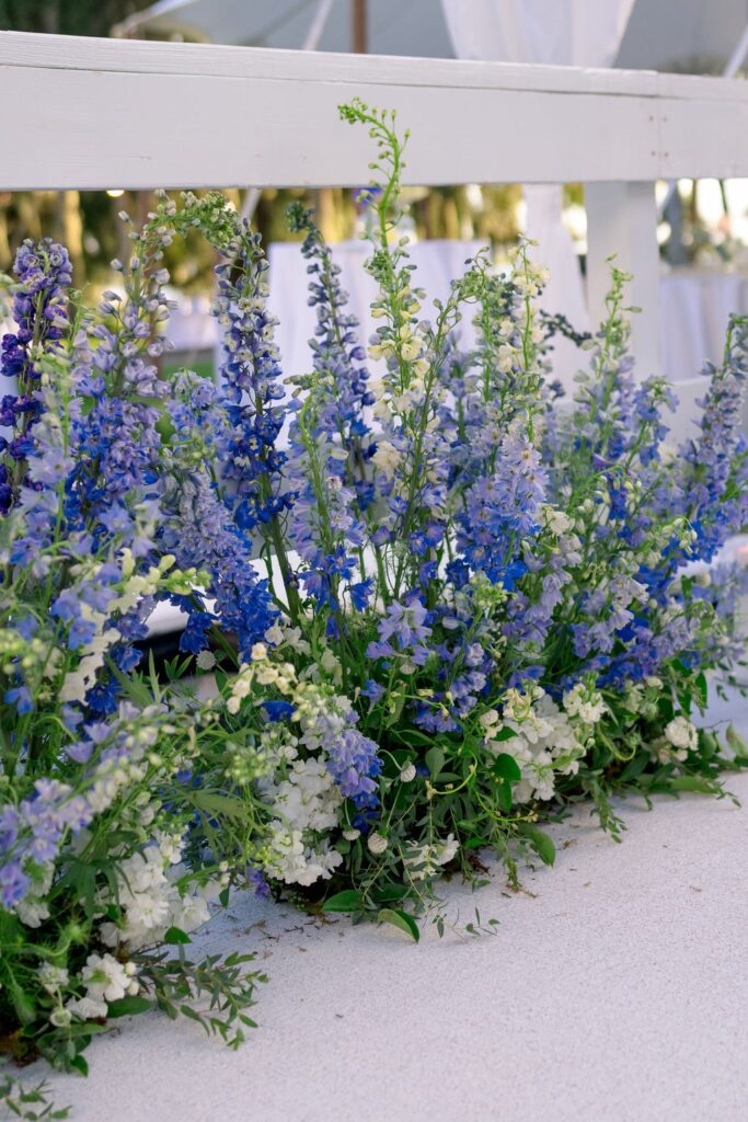 Blue delphinium flowers at a wedding