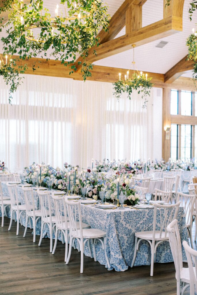 St. Simons Island Wedding reception with blue and white tables